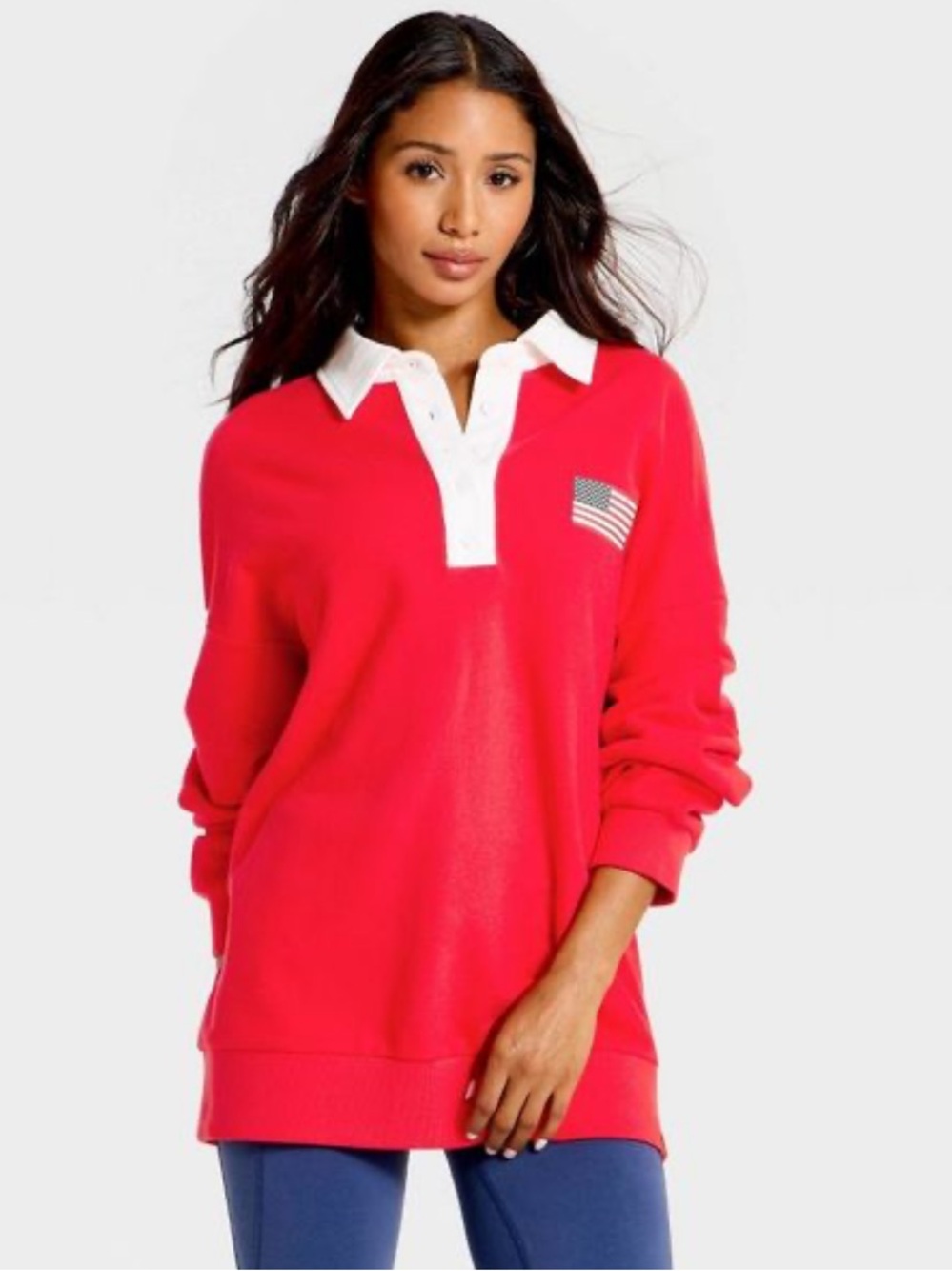 JoyLab Women's Americana French Terry Polo Oversized Sweatshirt Red XXL
